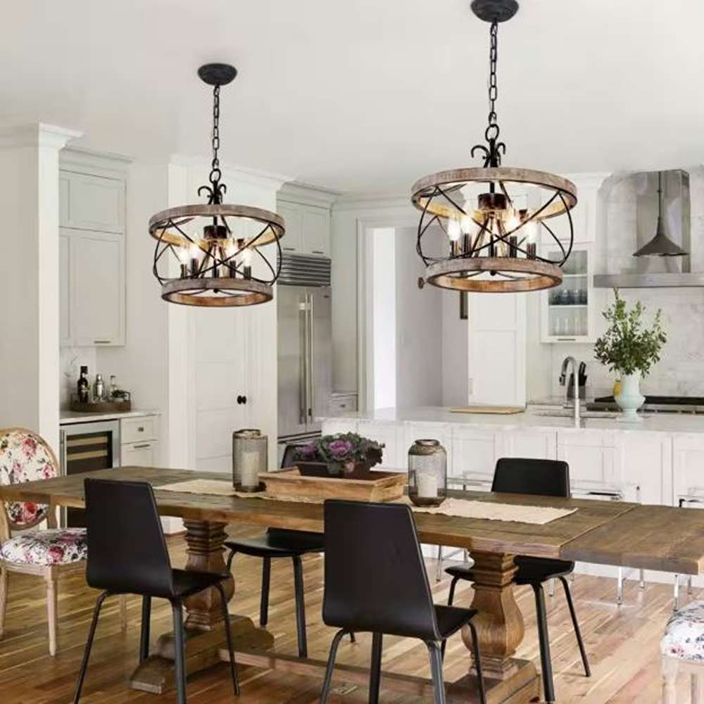 Farmhouse 5-Light Weathered Wood Cage Rustic Chandelier, Adjustable Height Industrial Pendant Dining Room Ceiling Light